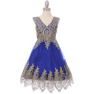 ROYAL BLUE Gold Coiled Lace Mesh Tulle Girl Dress